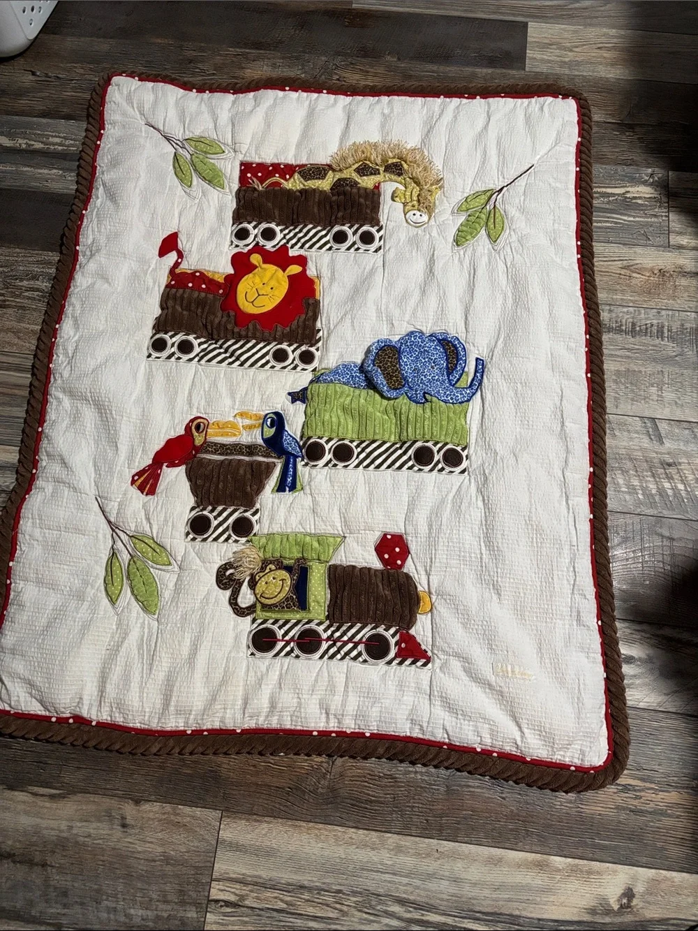 Neutral Cotton Baby Quilt in White and Brown with Red Accent #007